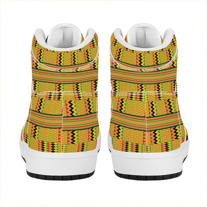 Yellow Kente Pattern Print High Top Leather Sneakers