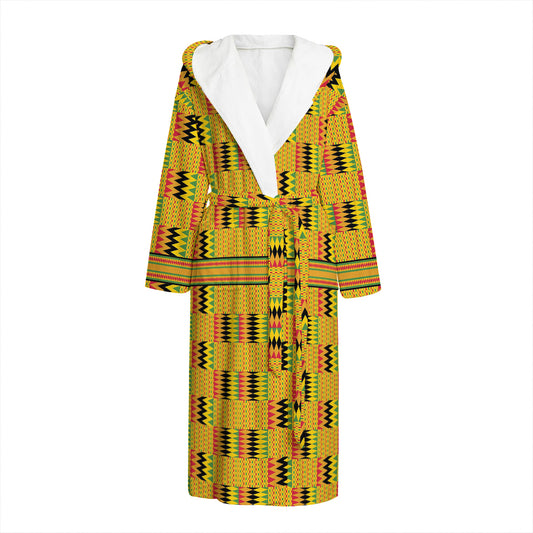Yellow Kente Pattern Print Hooded Bathrobe