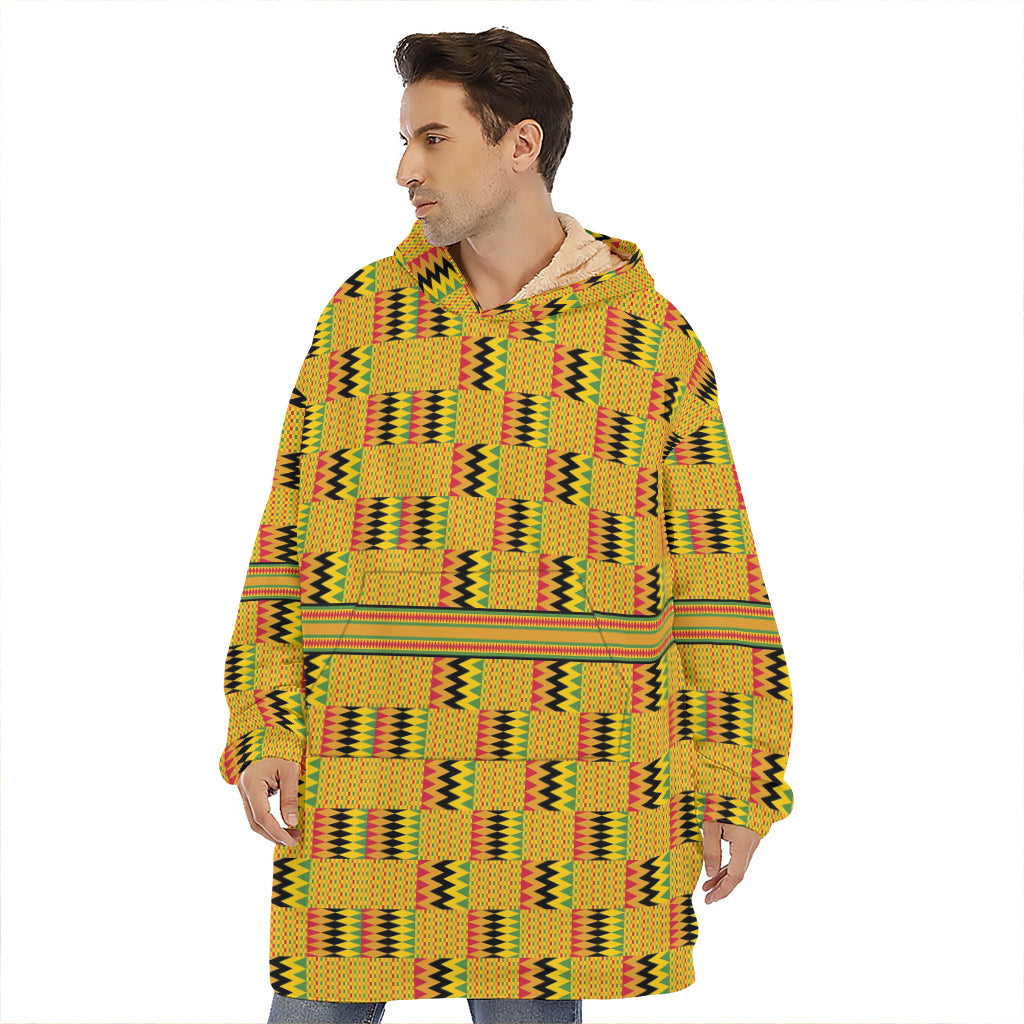 Yellow Kente Pattern Print Hoodie Blanket