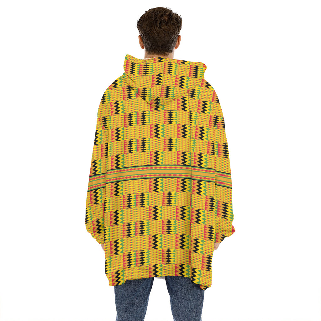 Yellow Kente Pattern Print Hoodie Blanket