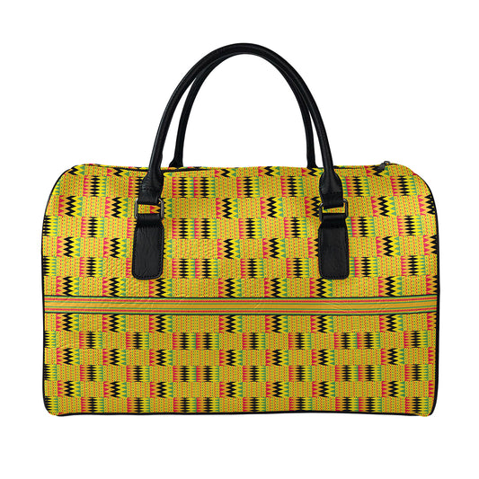 Yellow Kente Pattern Print Leather Duffle Bag