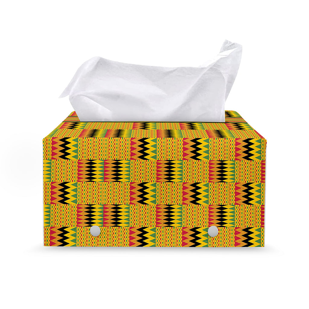 Yellow Kente Pattern Print Leather Tissue Box Cover