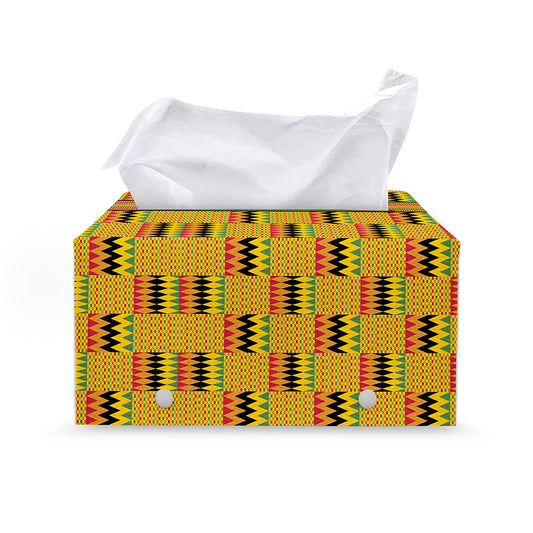 Yellow Kente Pattern Print Leather Tissue Box Cover