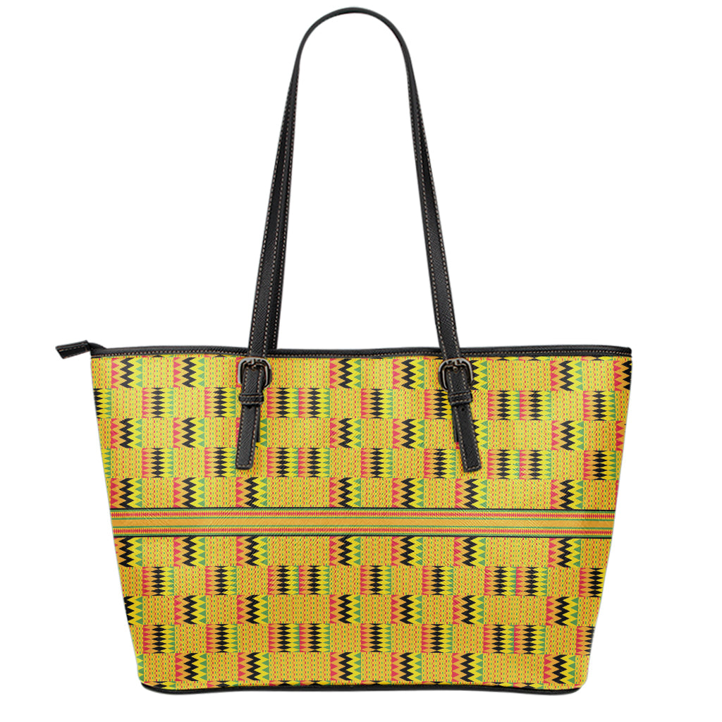 Yellow Kente Pattern Print Leather Tote Bag