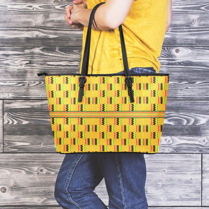 Yellow Kente Pattern Print Leather Tote Bag