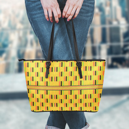 Yellow Kente Pattern Print Leather Tote Bag
