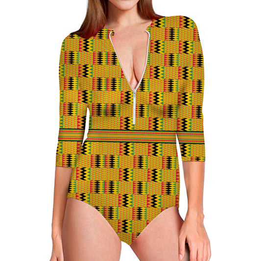 Yellow Kente Pattern Print Long Sleeve Swimsuit