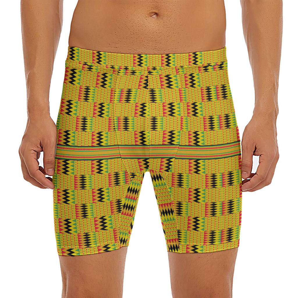 Yellow Kente Pattern Print Men's Long Boxer Briefs