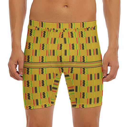 Yellow Kente Pattern Print Men's Long Boxer Briefs