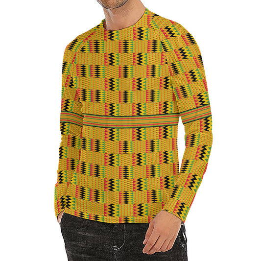 Yellow Kente Pattern Print Men's Long Sleeve Rash Guard