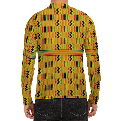 Yellow Kente Pattern Print Men's Long Sleeve Rash Guard
