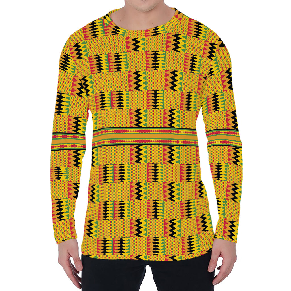 Yellow Kente Pattern Print Men's Long Sleeve T-Shirt