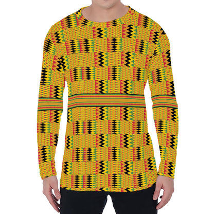 Yellow Kente Pattern Print Men's Long Sleeve T-Shirt