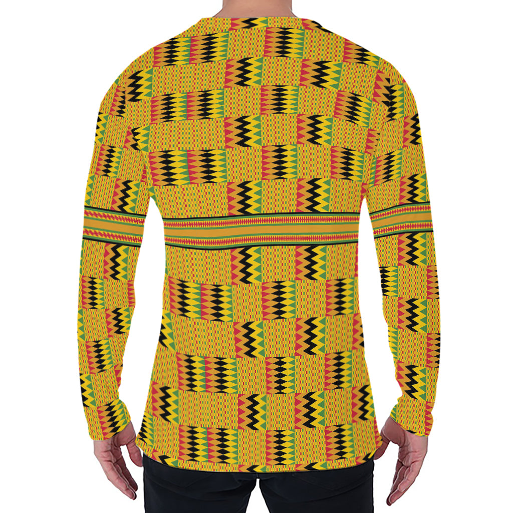 Yellow Kente Pattern Print Men's Long Sleeve T-Shirt