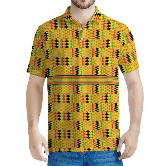 Yellow Kente Pattern Print Men's Polo Shirt