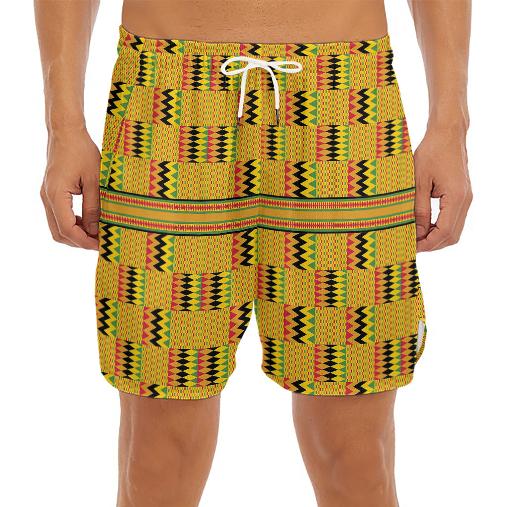 Yellow Kente Pattern Print Men's Split Running Shorts