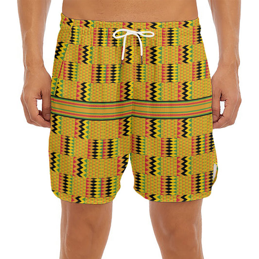 Yellow Kente Pattern Print Men's Split Running Shorts