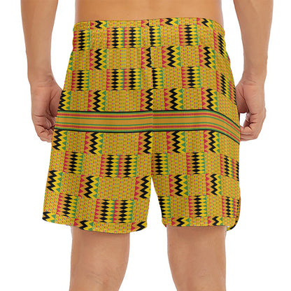 Yellow Kente Pattern Print Men's Split Running Shorts