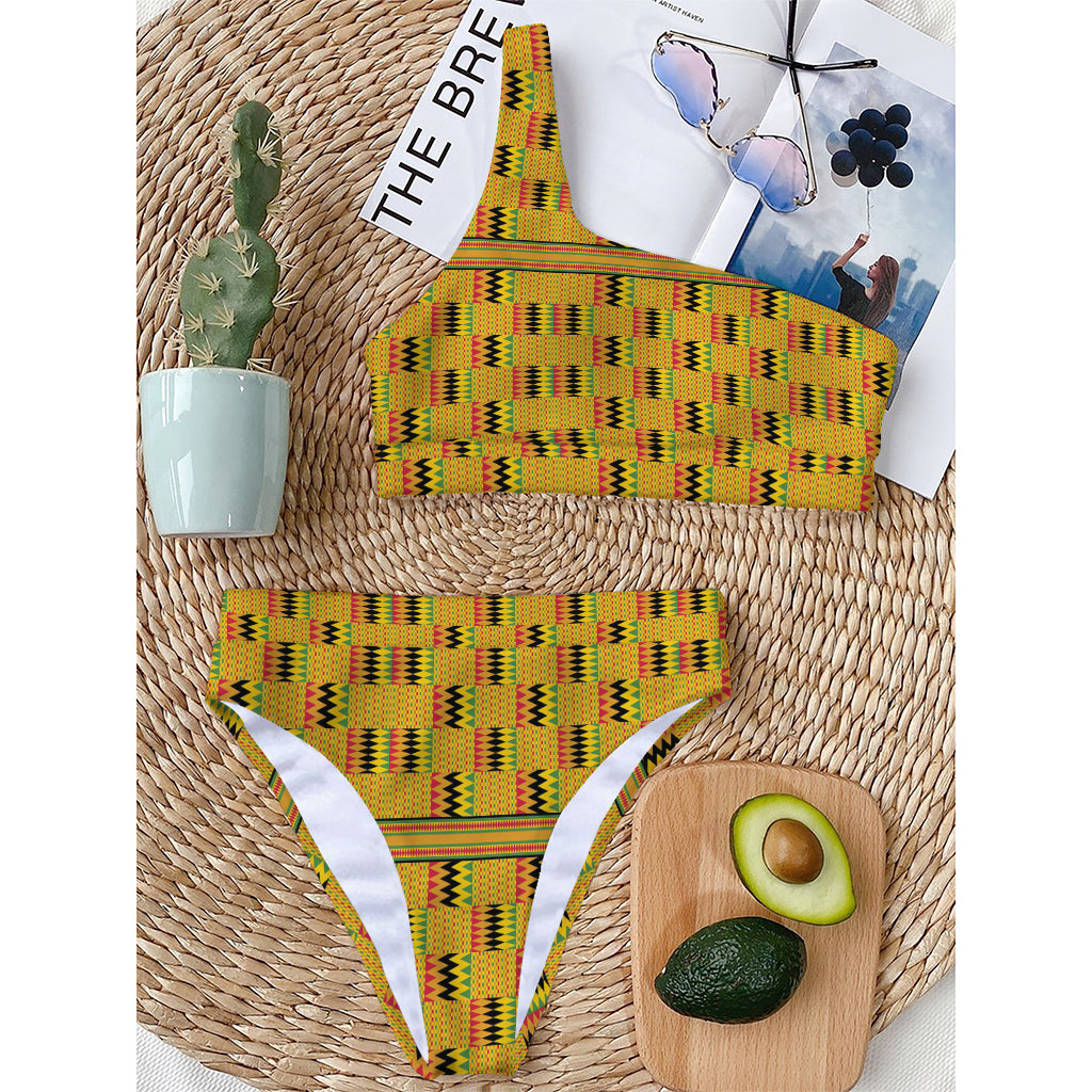 Yellow Kente Pattern Print One Shoulder Bikini Top