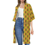 Yellow Kente Pattern Print Open Front Beach Cover Up