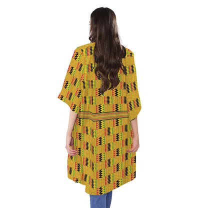 Yellow Kente Pattern Print Open Front Beach Cover Up