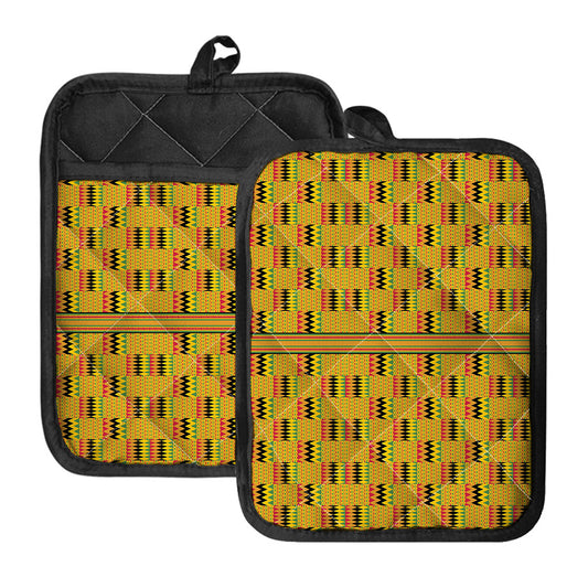 Yellow Kente Pattern Print Pot Holders With Pocket