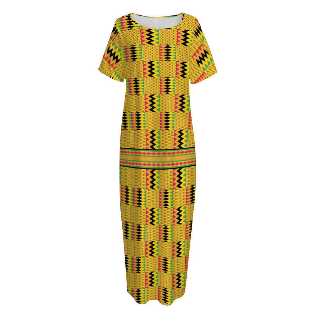 Yellow Kente Pattern Print Short Sleeve Long Nightdress