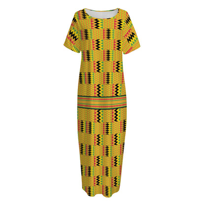 Yellow Kente Pattern Print Short Sleeve Long Nightdress