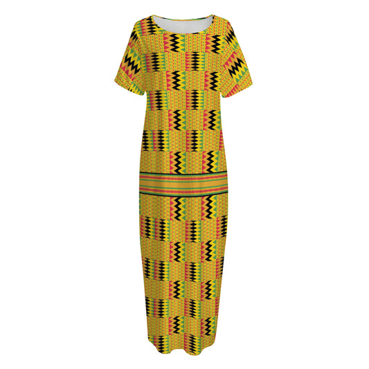 Yellow Kente Pattern Print Short Sleeve Long Nightdress