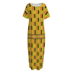 Yellow Kente Pattern Print Short Sleeve Long Nightdress
