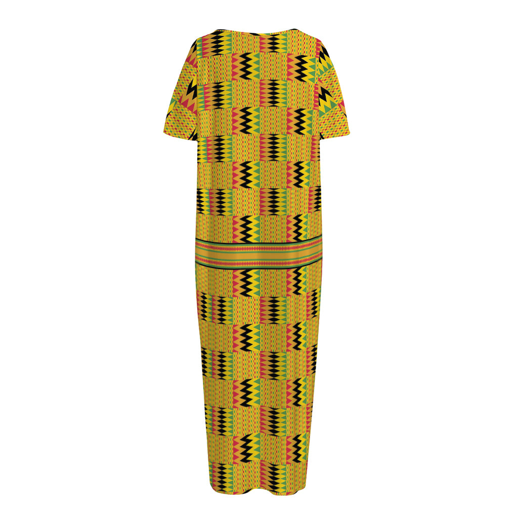 Yellow Kente Pattern Print Short Sleeve Long Nightdress