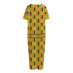 Yellow Kente Pattern Print Short Sleeve Long Nightdress