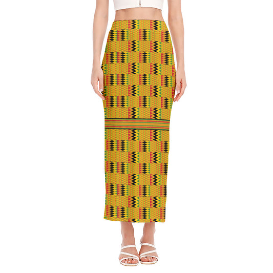 Yellow Kente Pattern Print Side Slit Maxi Skirt