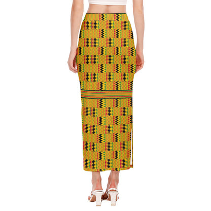 Yellow Kente Pattern Print Side Slit Maxi Skirt