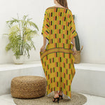 Yellow Kente Pattern Print Silk V-Neck Kaftan Dress