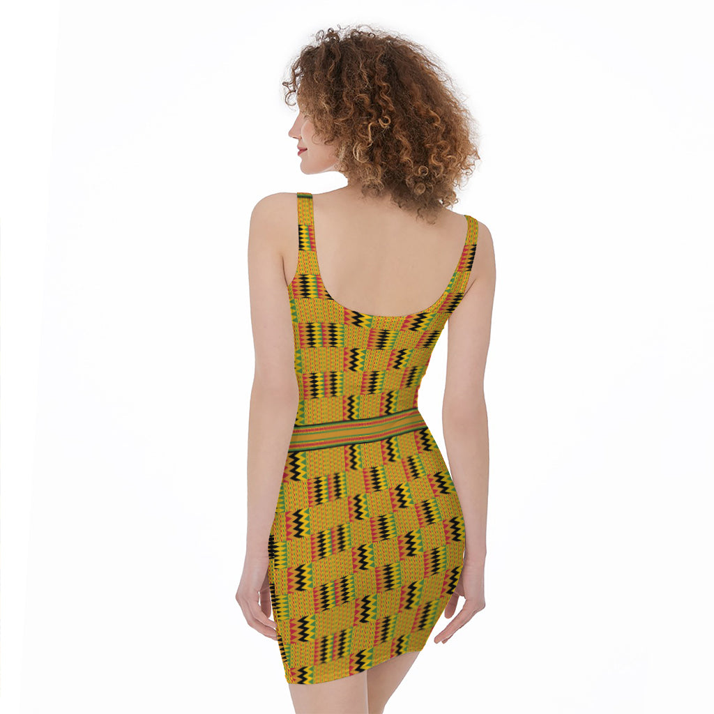 Yellow Kente Pattern Print Sleeveless Bodycon Dress