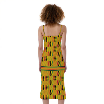 Yellow Kente Pattern Print Slim Fit Midi Cami Dress