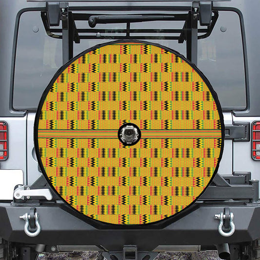 Yellow Kente Pattern Print Tire Cover With Camera Hole