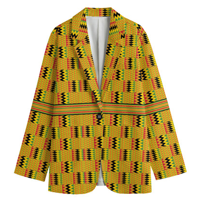 Yellow Kente Pattern Print Women's Cotton Blazer