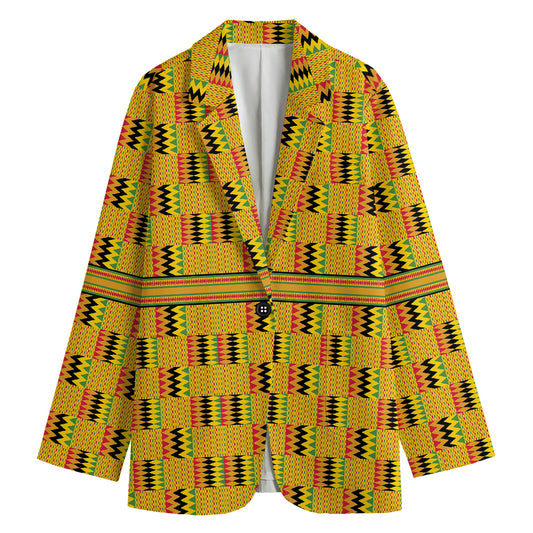 Yellow Kente Pattern Print Women's Cotton Blazer