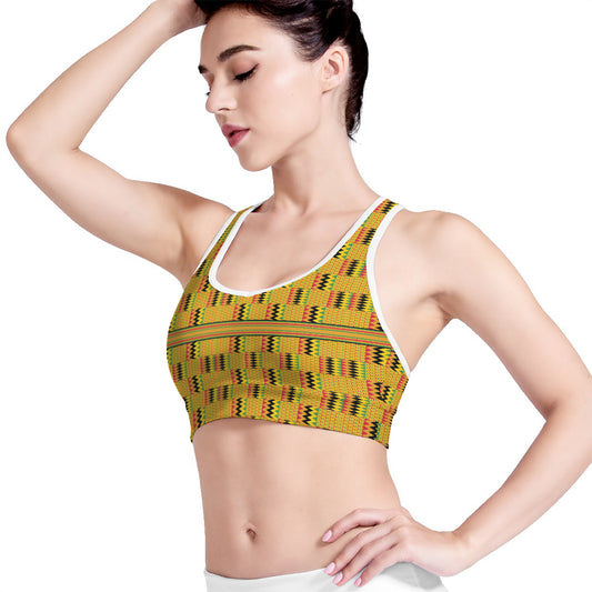 Yellow Kente Pattern Print Women's Sports Bra
