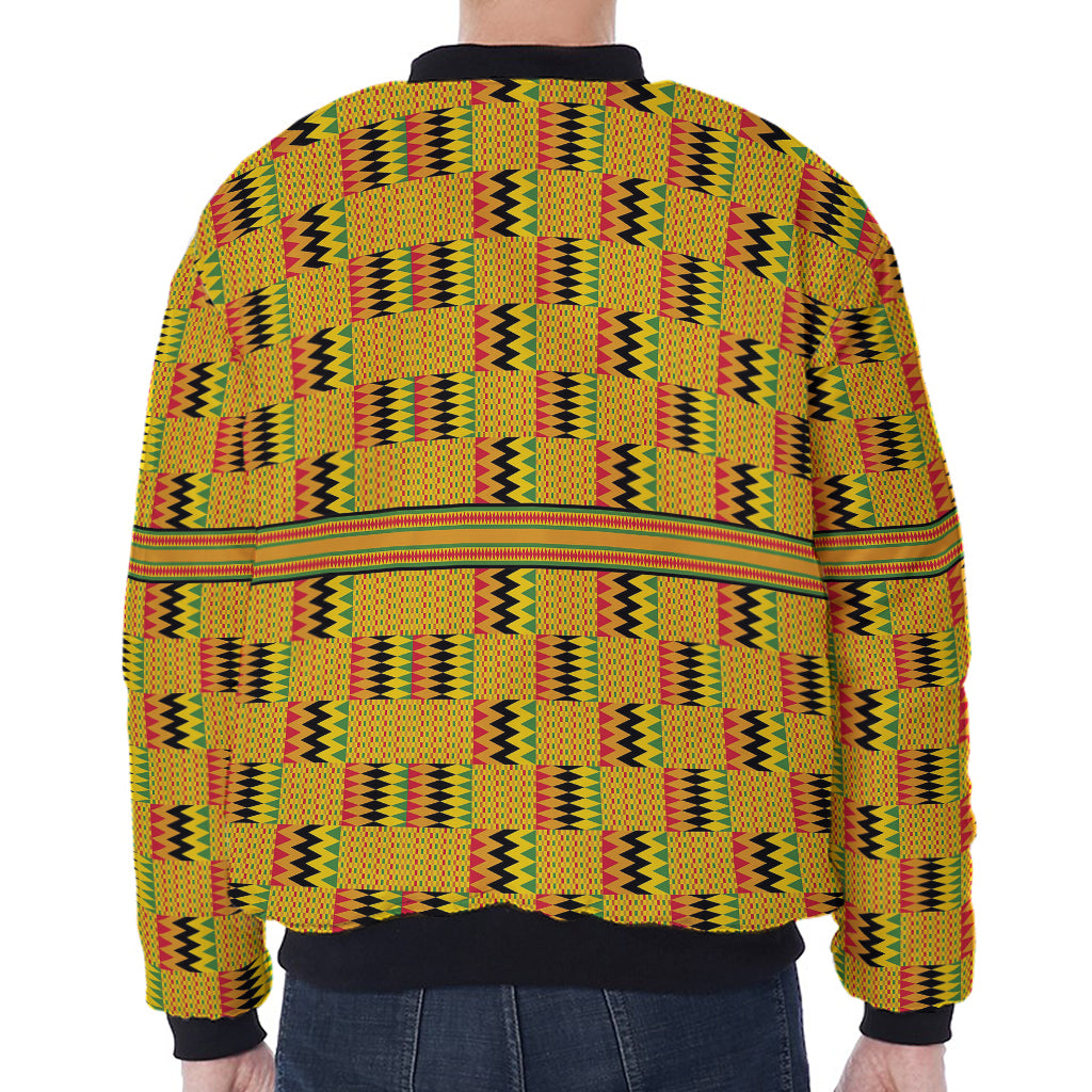 Yellow Kente Pattern Print Zip Sleeve Bomber Jacket