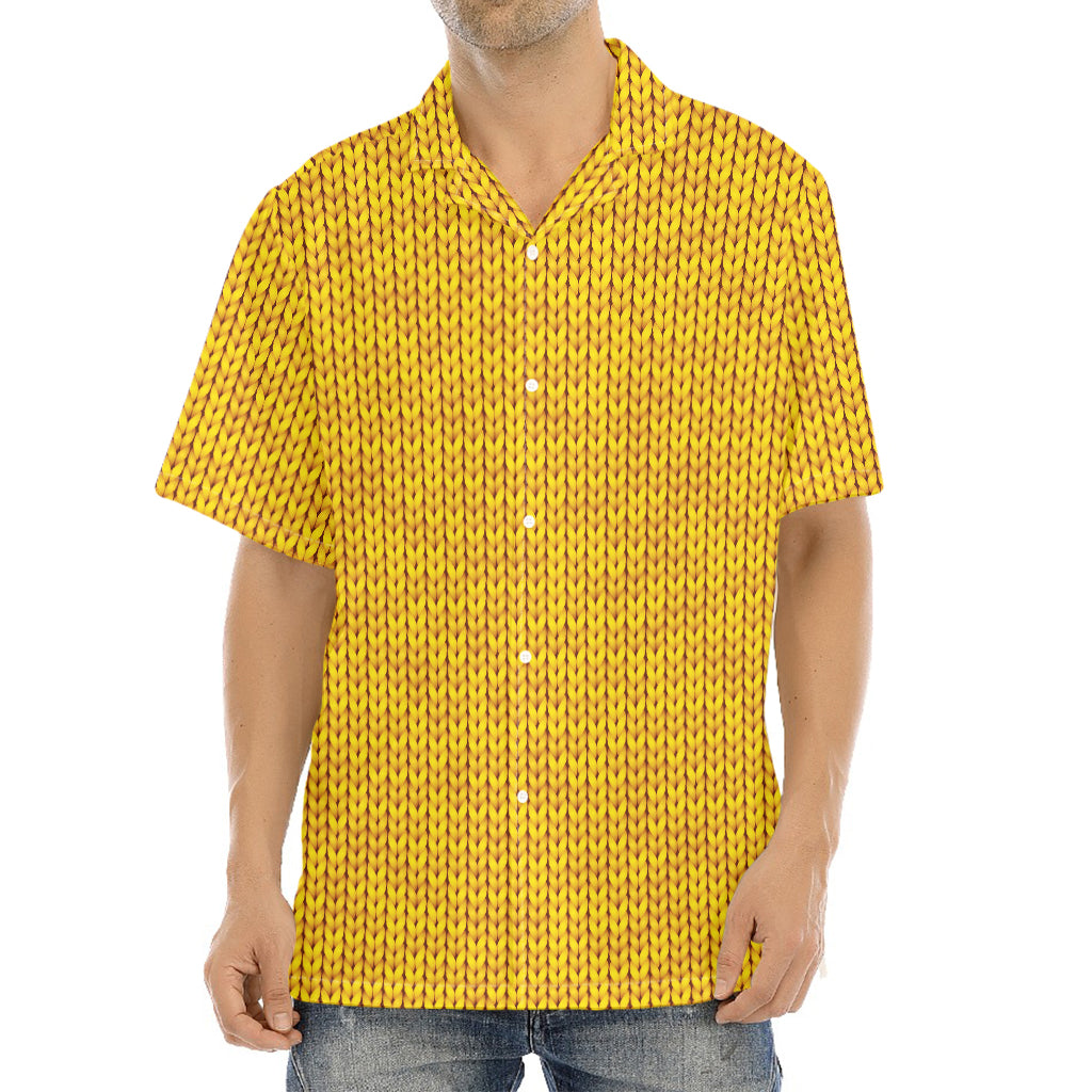 Yellow Knitted Pattern Print Aloha Shirt