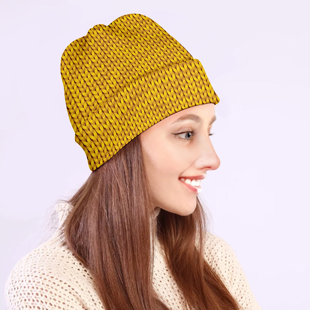 Yellow Knitted Pattern Print Beanie