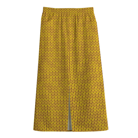 Yellow Knitted Pattern Print Cotton Front Slit Maxi Skirt
