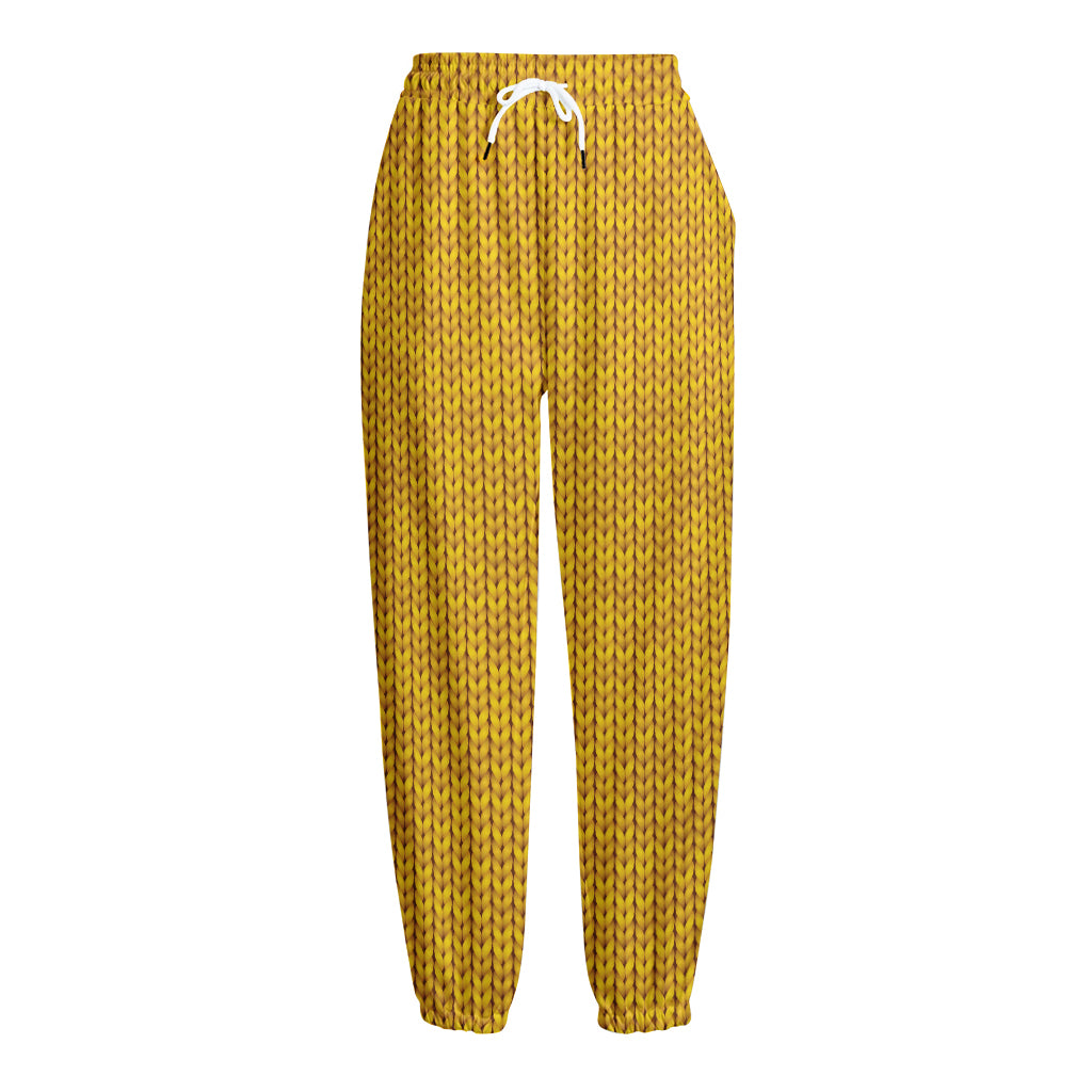 Yellow Knitted Pattern Print Fleece Lined Knit Pants