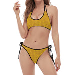 Yellow Knitted Pattern Print Halter Scoop Tie Side Bikini