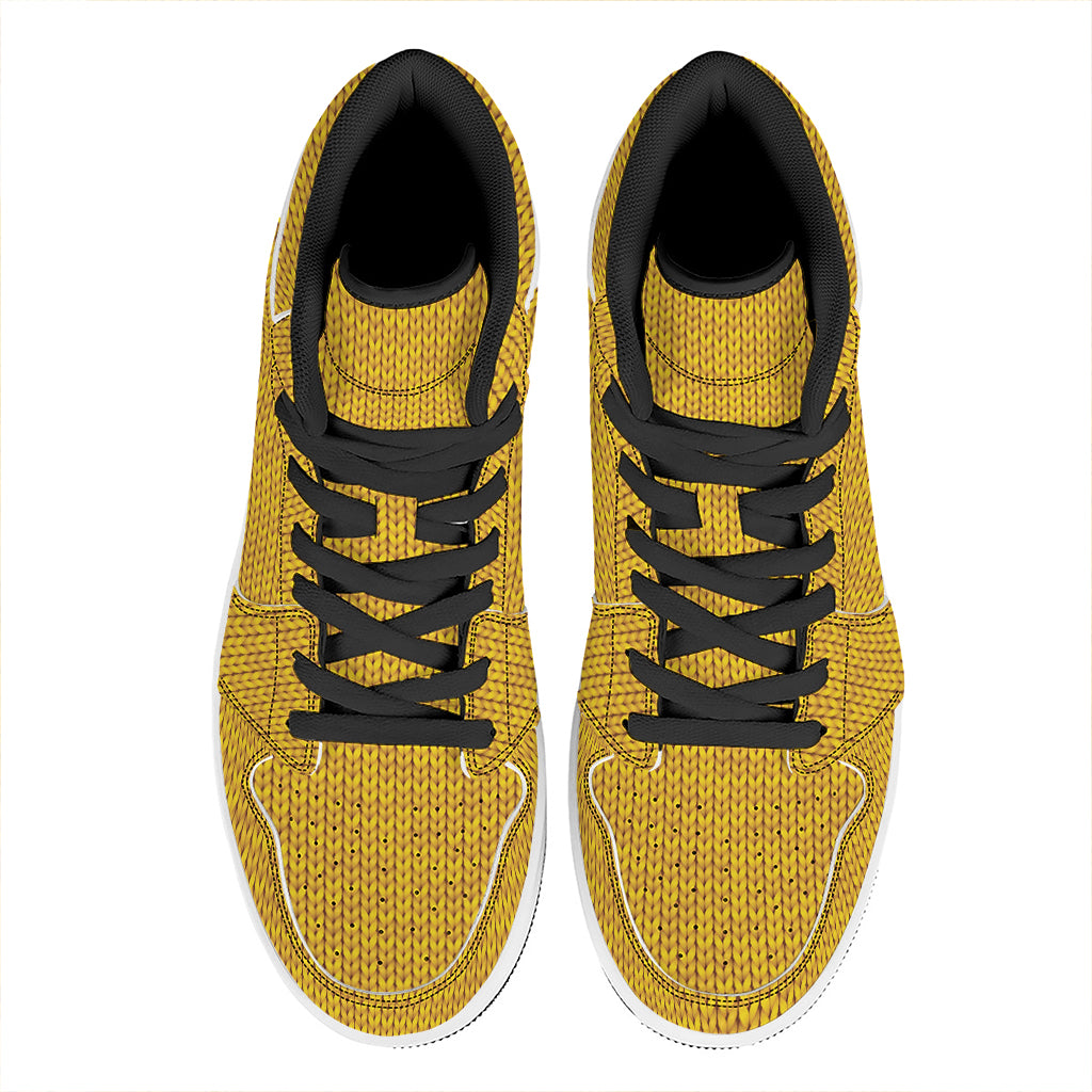 Yellow Knitted Pattern Print High Top Leather Sneakers