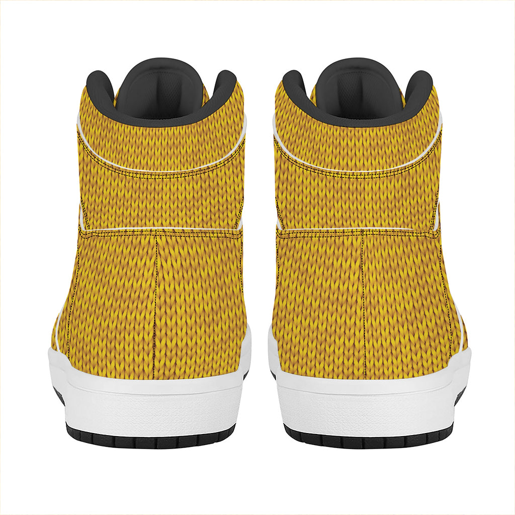 Yellow Knitted Pattern Print High Top Leather Sneakers