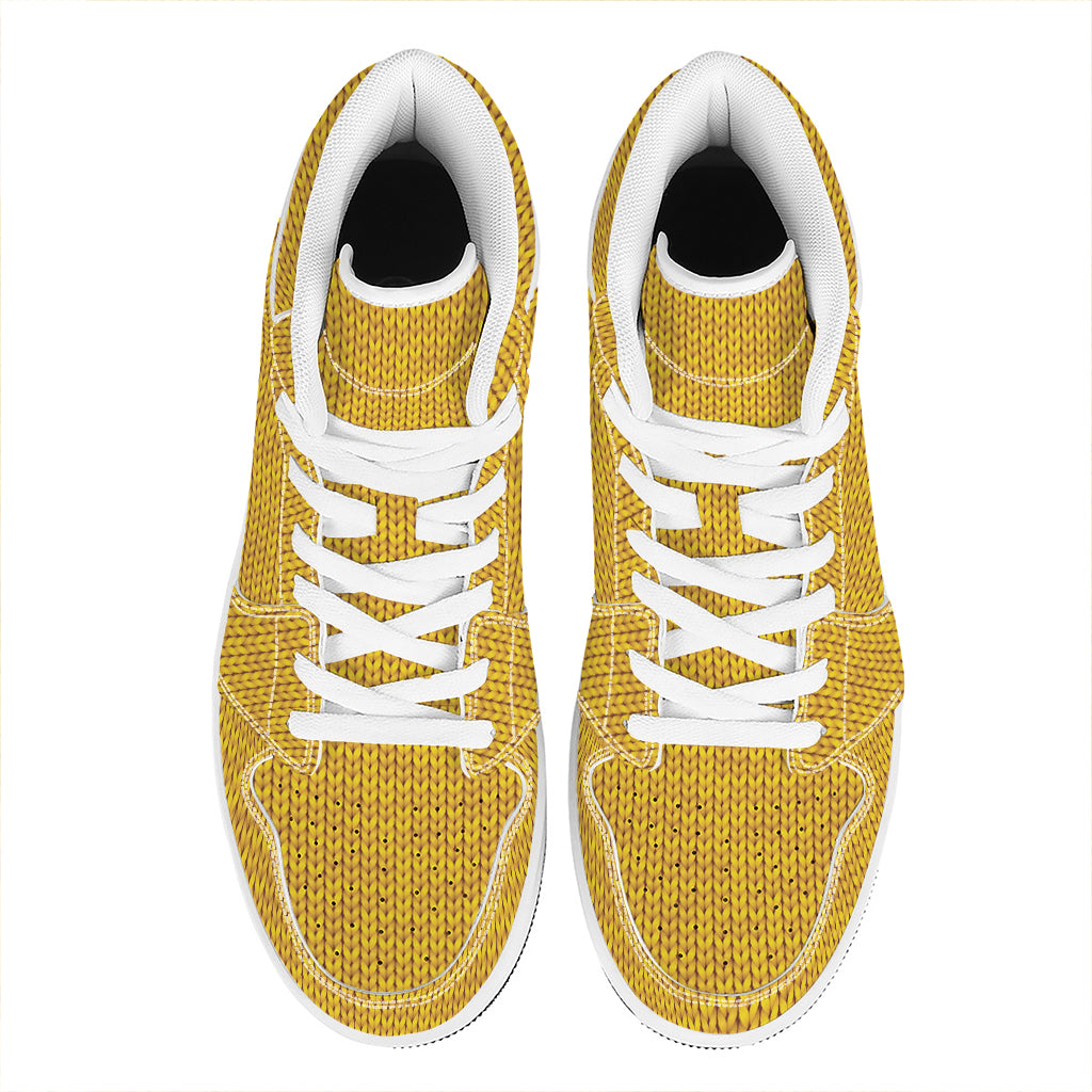 Yellow Knitted Pattern Print High Top Leather Sneakers
